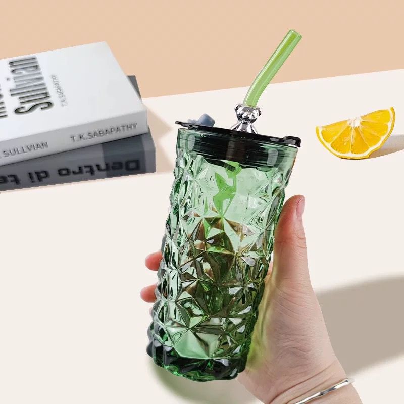 Luxury Bear Cap Transparent Glass Water Cup, Women Coffee Cup With Lid And Straw, European Style Vintage Milk Cup
