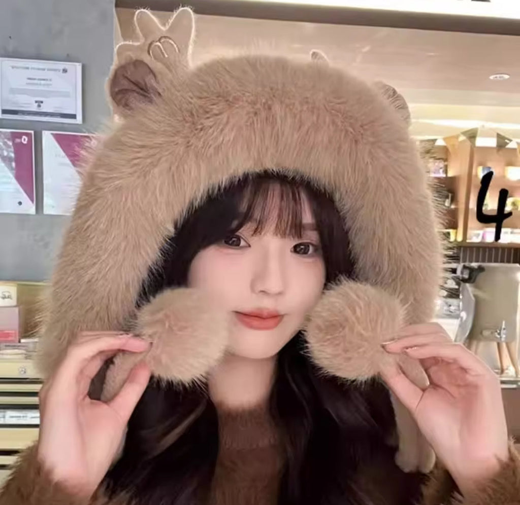 Soft Fluffy Bunny Ears Winter Cap, Cute Bucket Hat For Women, Cute Plush Antler Hat