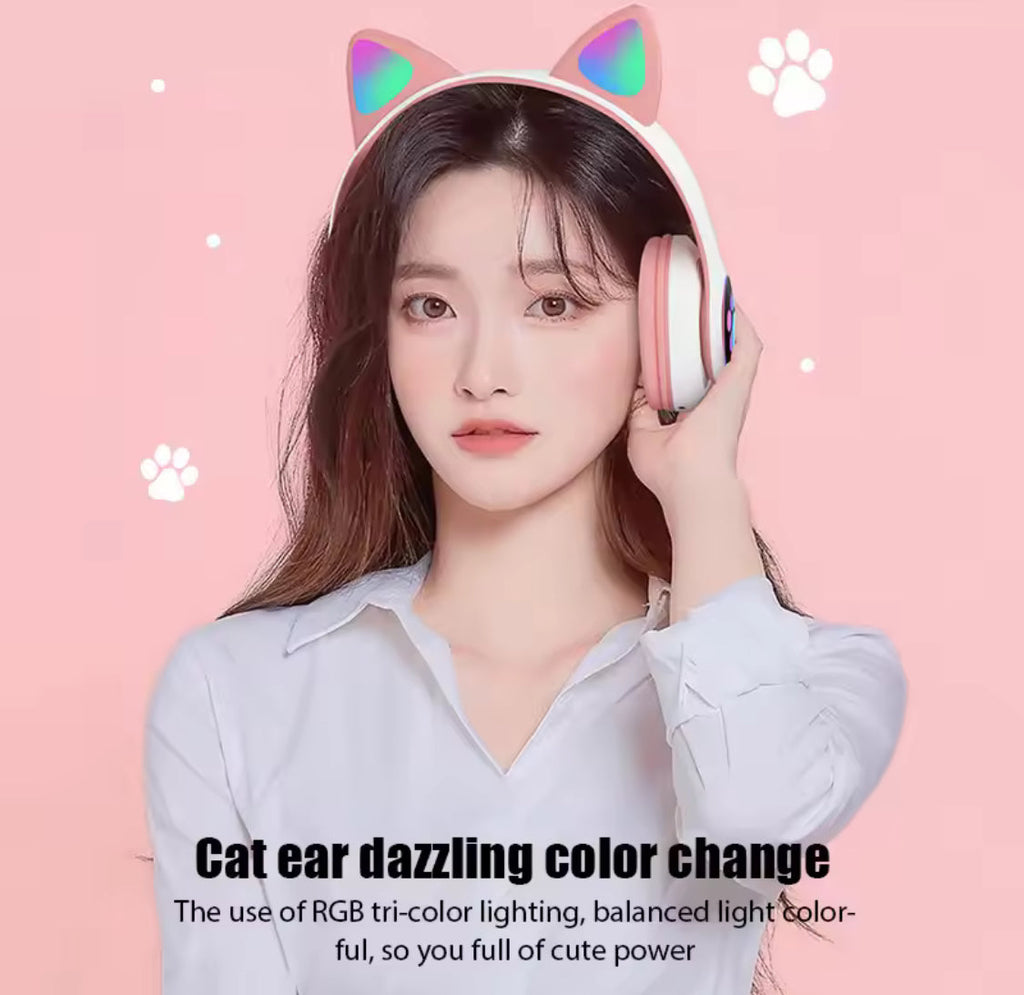 LED Cute Cat Ears Headphones, RGB Wireless Headphones, Sports Gaming Headset