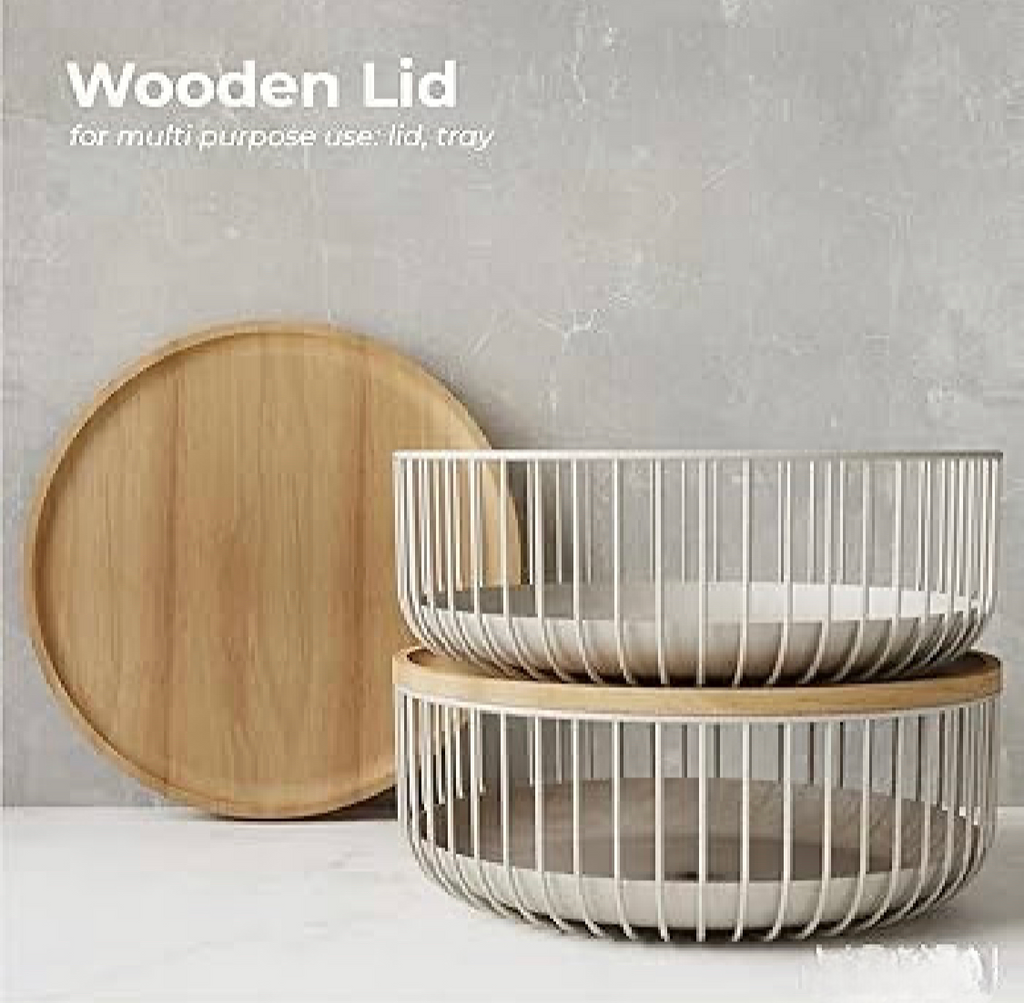 Multipurpose Stackable Basket With Wooden Lid, Fruit And Vegetable Bowl, Multipurpose Metal Wire Storage Basket, Home Supplies Picnic Basket