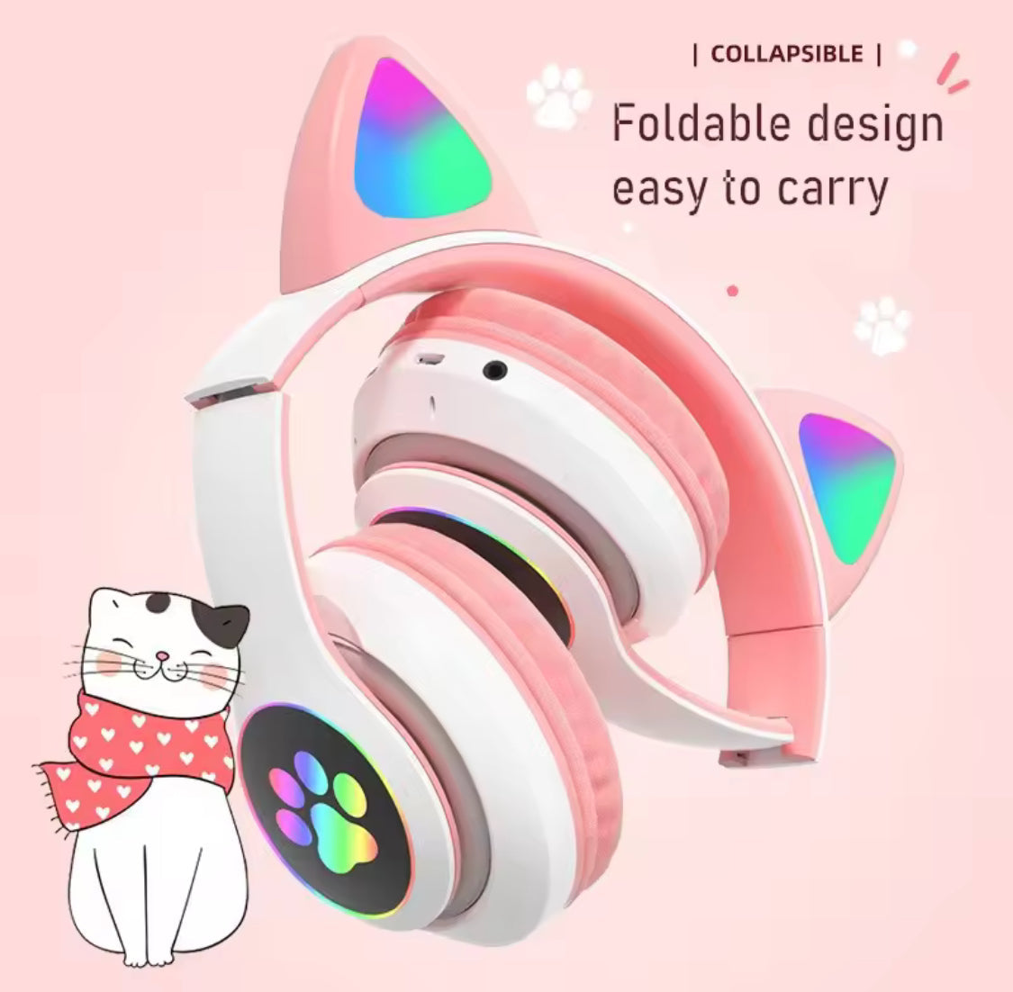 LED Cute Cat Ears Headphones, RGB Wireless Headphones, Sports Gaming Headset