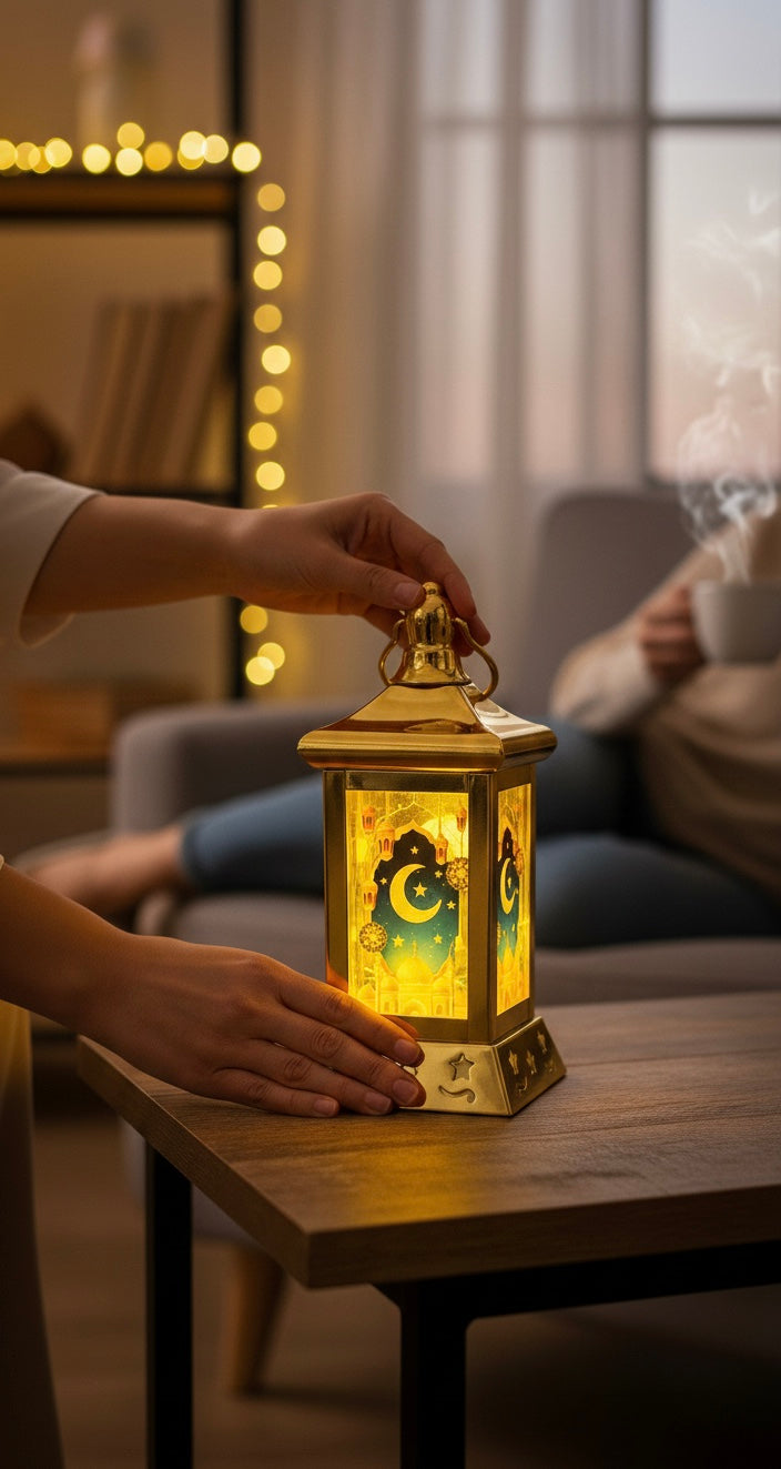 Luminous Glow Ramadan Lantern, Golden Silhouette Lantern, Portable Hanging Lantern