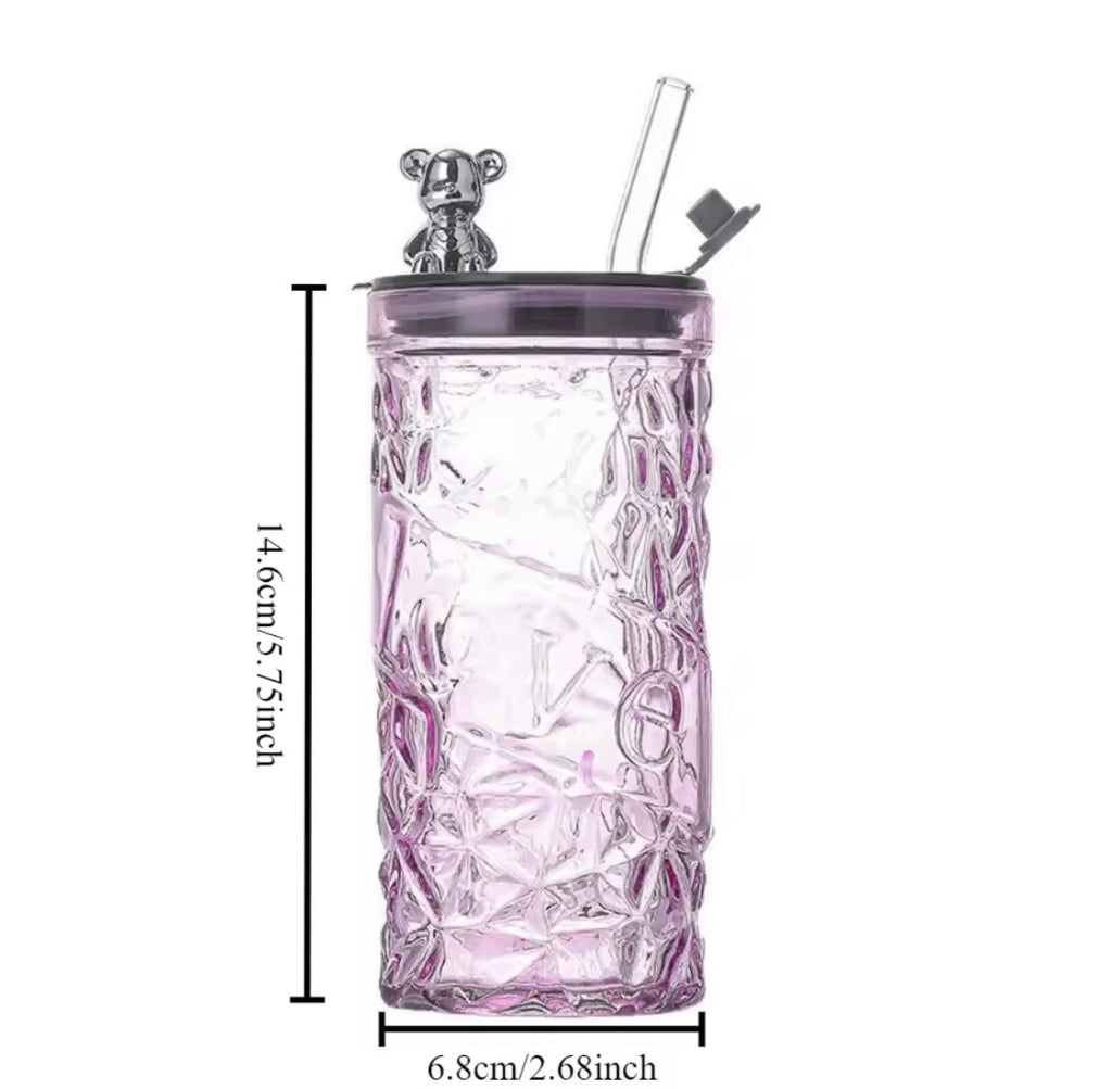 Luxury Bear Cap Transparent Glass Water Cup, Women Coffee Cup With Lid And Straw, European Style Vintage Milk Cup