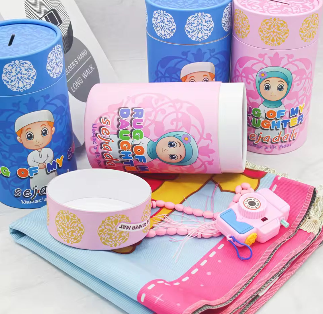 Kids Janamaz Rug With Gift Box, Children Prayers Mat With Tasbeh, Islamic Gifts Set With Prayers Beads With Coin Box, Kids Camera, Travel Prayer Mat