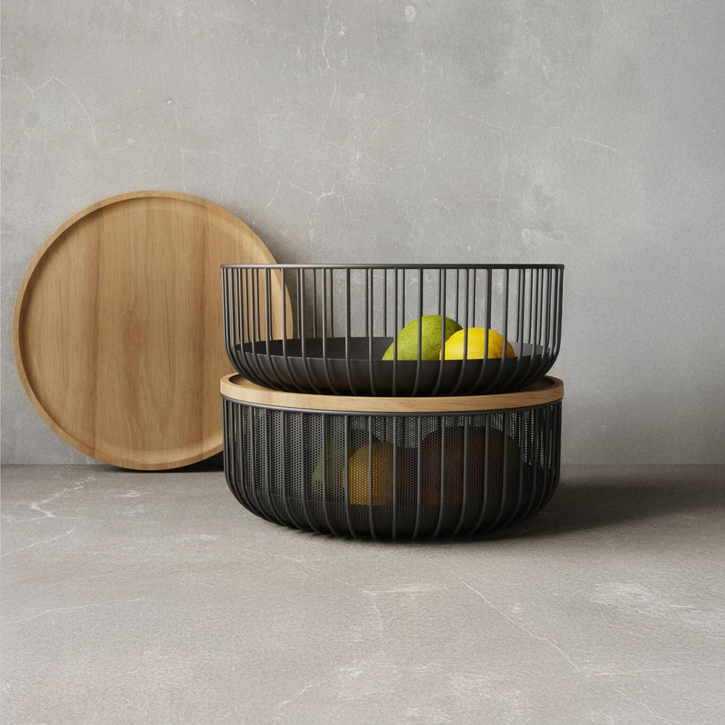 Multipurpose Stackable Basket With Wooden Lid, Fruit And Vegetable Bowl, Multipurpose Metal Wire Storage Basket, Home Supplies Picnic Basket