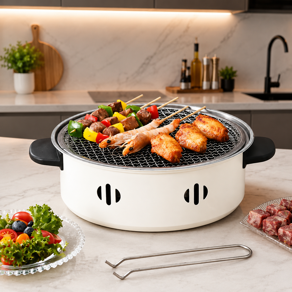 Portable Barbecue Stove With Coal Grill, Tabletop BBQ Grill Pan, Round Non Stick Barbecue Rack, Outdoor Camping Barbecue Stove, Korean Charcoal Stove, Stainless Steel Split Barbecue Grill