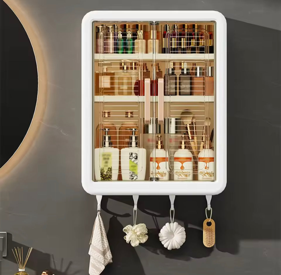 Multilayer Bathroom Storage Cabinet With Hooks, Kitchen Seasoning Storage Shelf, Multipurpose Cabinet with Doors and Shelves, Wall Mounted Cabinet, Home And Living Organizer
