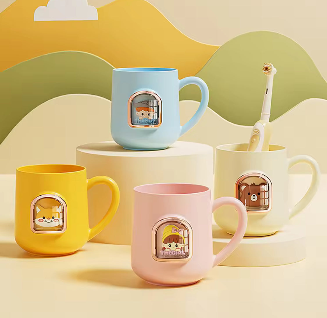 Set Of 2 Portable Children Toothbrush Cup, Portable Coffee & Milk Cup with Handle, Mouth Wash Cup, Cute Cartoon Gargle Cup Reusable Mouthwash Cup Bathroom Decoration