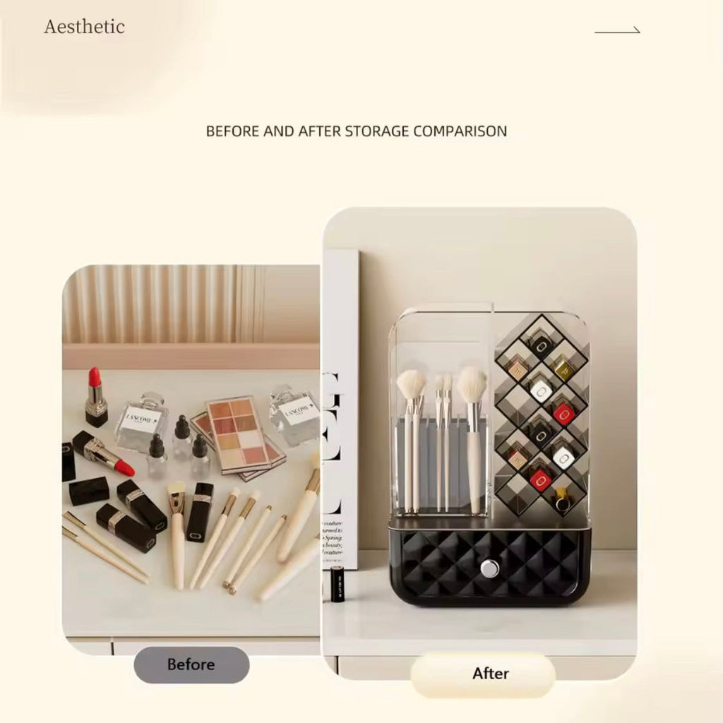 Luxury Cosmetic Organizer With Drawer, Acrylic Desktop Makeup Brushes Organizer, Dust Proof Lipstick Grid Compartment Organizer