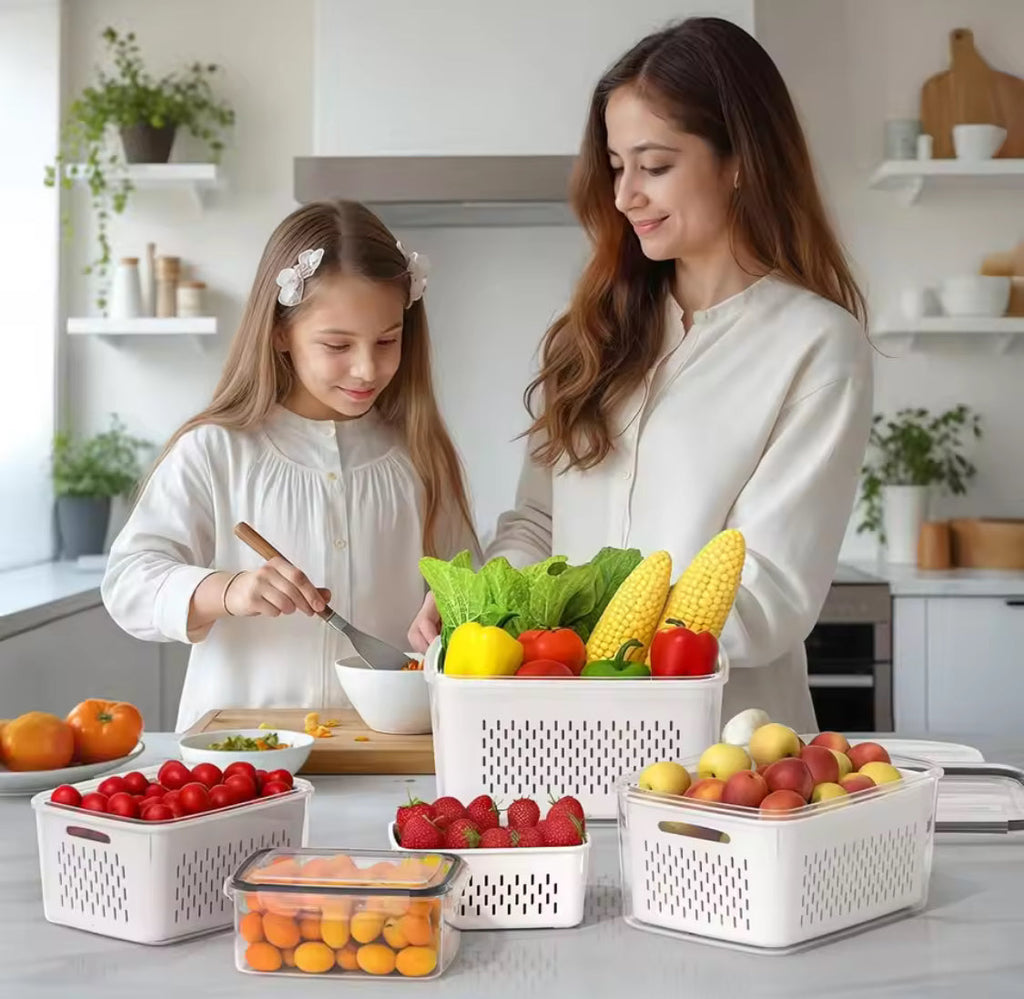 3pcs Refrigerator Organizer Box With Draining Basket, Transparent Refrigerator Food Storage Box, Multi Use Fridge Fruit Vegetable Storage Box