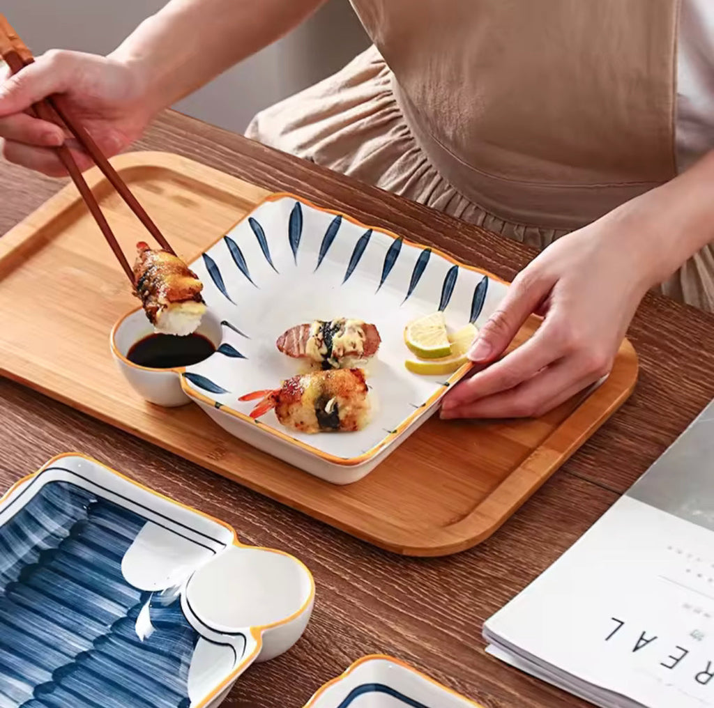 Ceramic Plate With Sauce Compartment, Dumpling Plate With Vinegar Dish, Japanese Style Serving Dish
