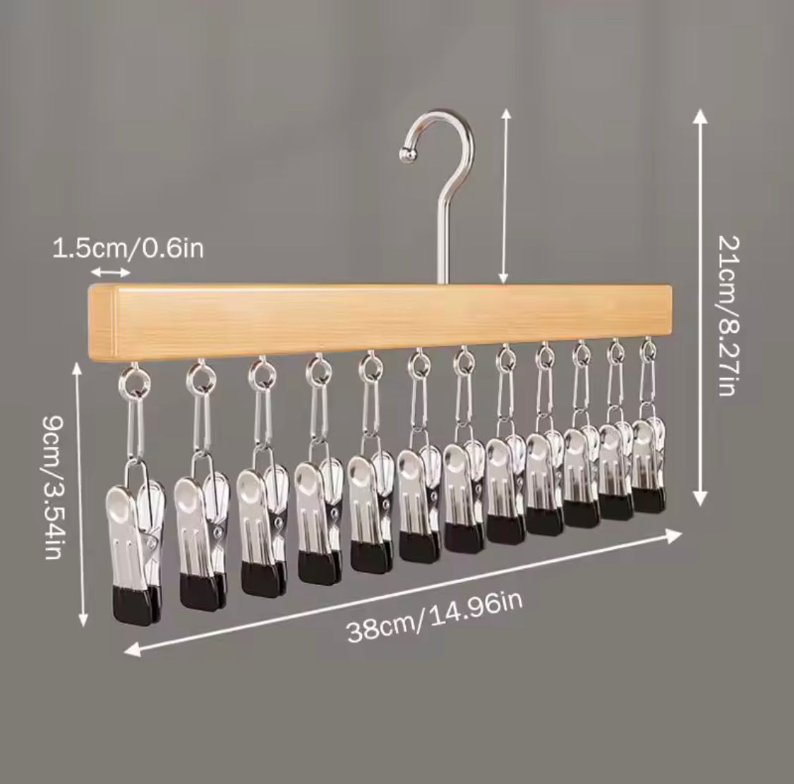 12 Clips Hanging Closet Organizer, Wooden Clip Pants Hanger, Anti Slip Clip Hanger Rack, Heavy Duty Clothes Clip Hanger