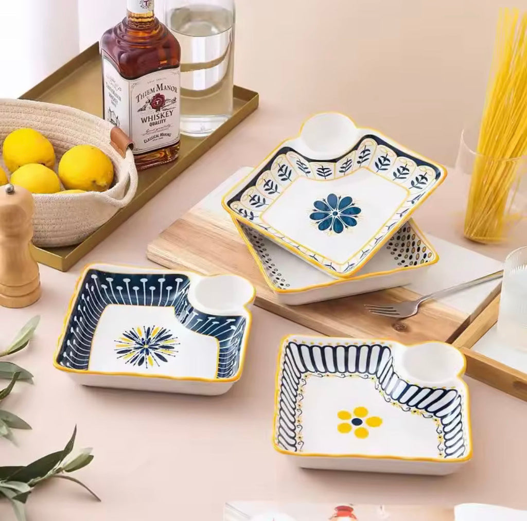 Ceramic Plate With Sauce Compartment, Dumpling Plate With Vinegar Dish, Japanese Style Serving Dish