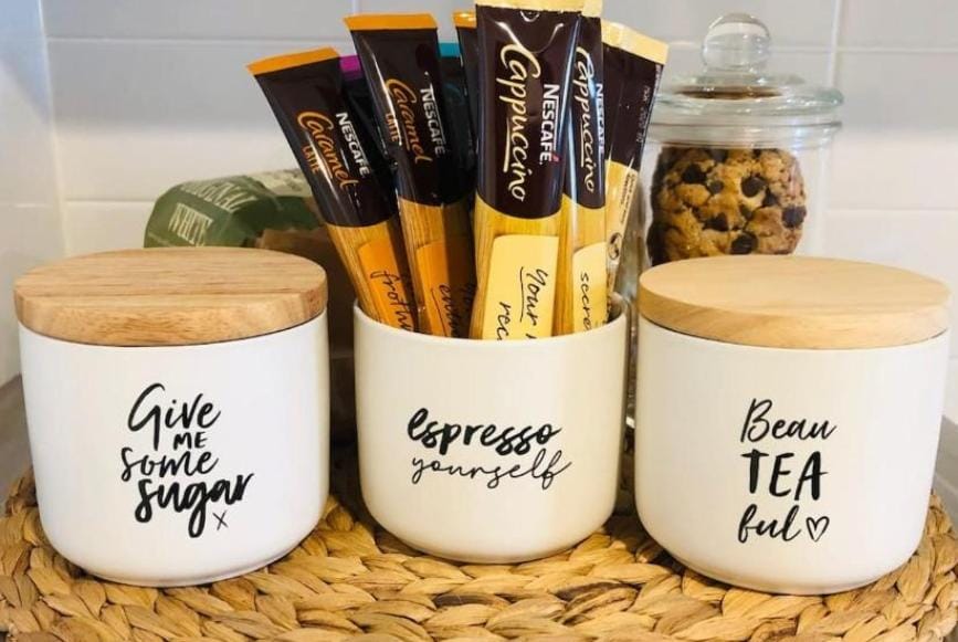 Set Of 3 Ceramic Jar, Coffee Canister With Bamboo Lid, Set Of 3 Tea And Sugar Pot