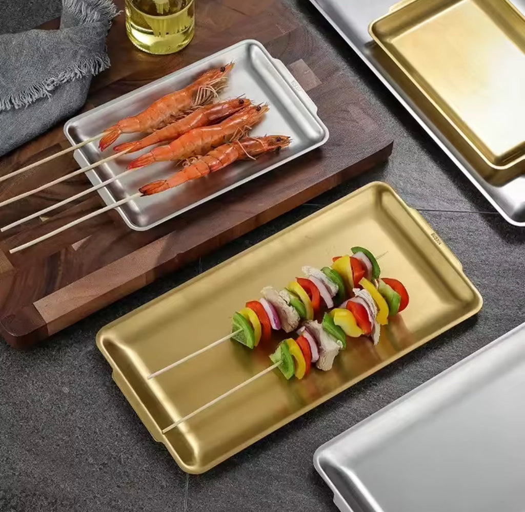 Steak Barbecue Snack Tray, Stainless Steel Rectangular Plate, Kitchen Serving Tray