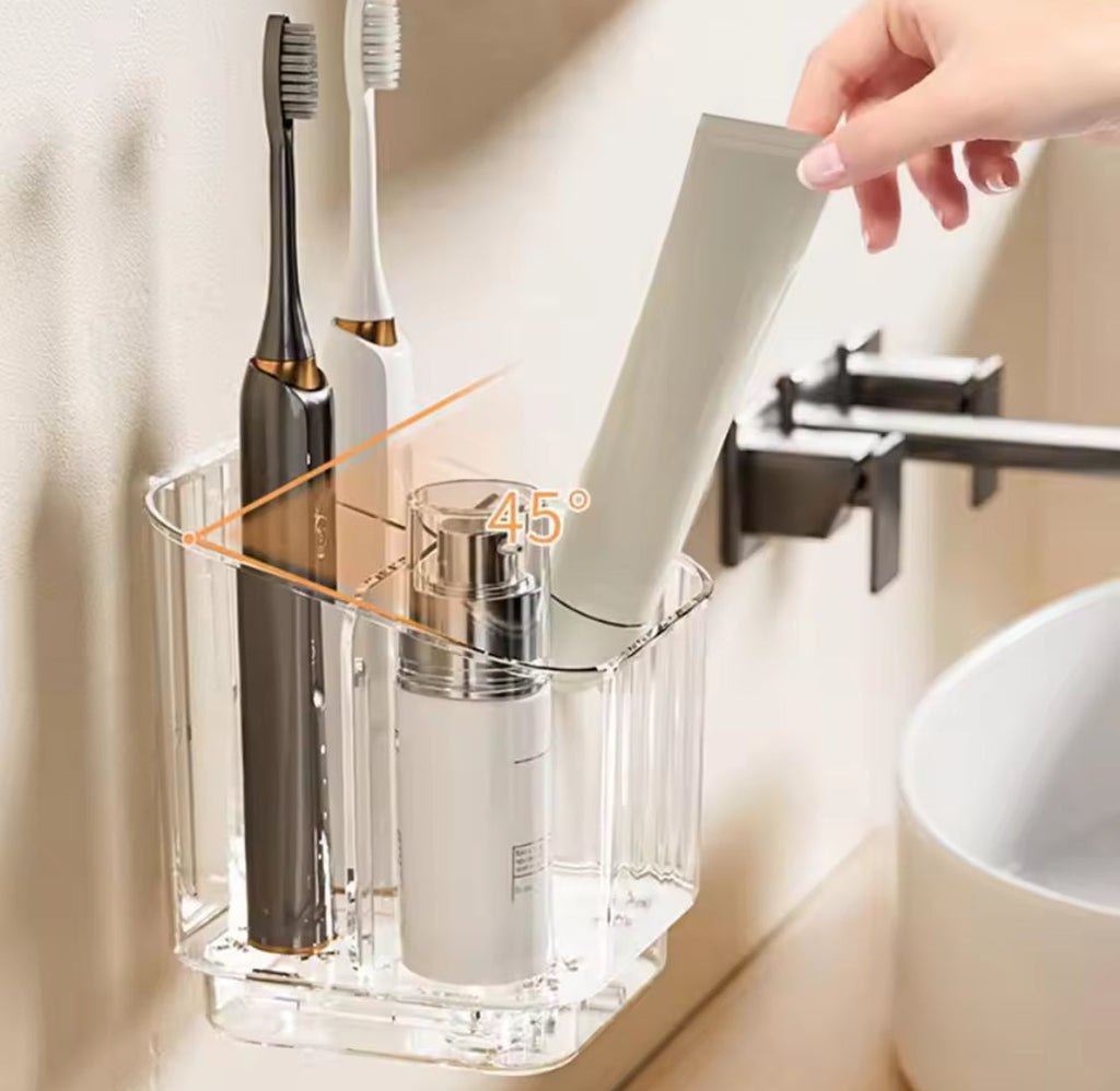 3 Slots Toothbrush Holder With Drain Tray, Removable Divider Wall Mounted Bathroom Organizer, Multifunctional Bathroom Storage Holder, Space Saving Bathroom Accessories