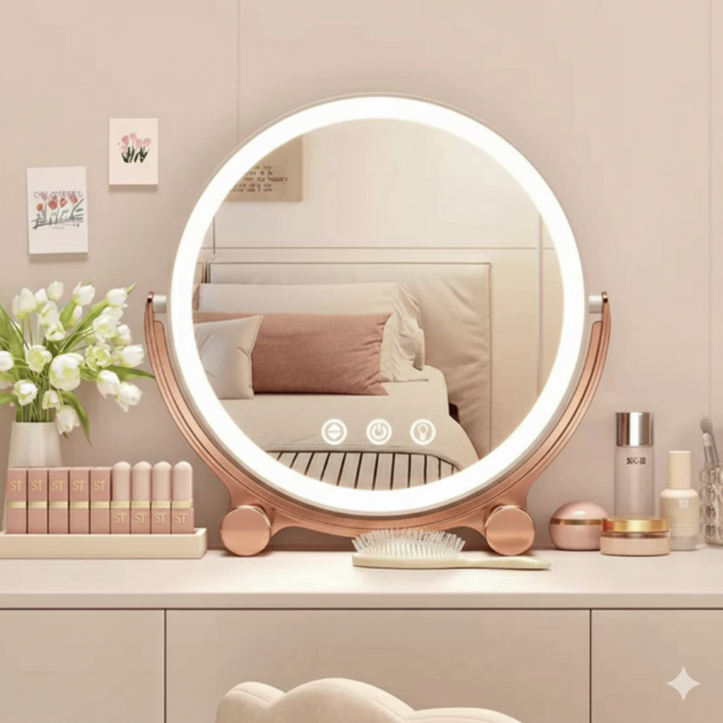 Round Shape Desktop LED Makeup Mirror, Vanity Table Mirror, Magnifying Cosmetic Mirror,  Adjustable Touch Dimmer Table Makeup Mirrors