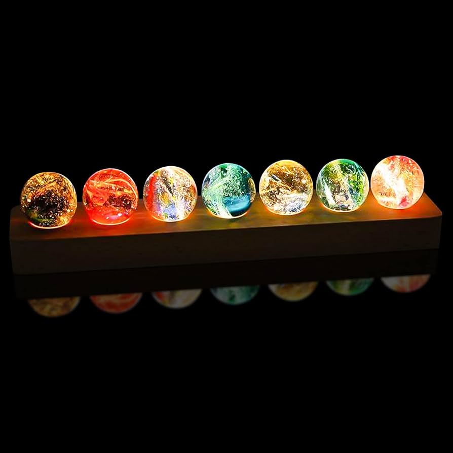 Set Of 7 Luxury Colorful Glass Ball, Crystal Balls With Wooden LED Lamp, Luminous Planet Home Decor Balls