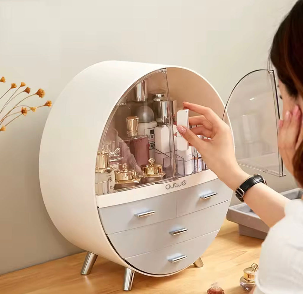 Oval Shape Cosmetic Organizer With Drawer, Makeup Sundries Storage Organizer, Cosmetic Display Case, Dust Proof Storage Rack