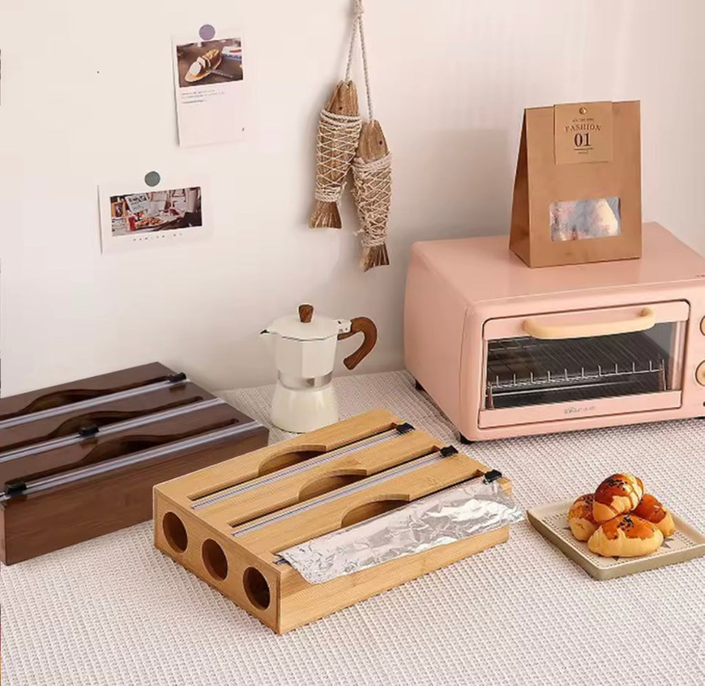 Wall Mounted Bamboo Foil Cling Film Cutter, Foil Dispenser With Cutter, Kitchen Wrap Dispenser, Kitchen Organization, Bamboo Plastic Film Cutter, Wall Film Dispenser