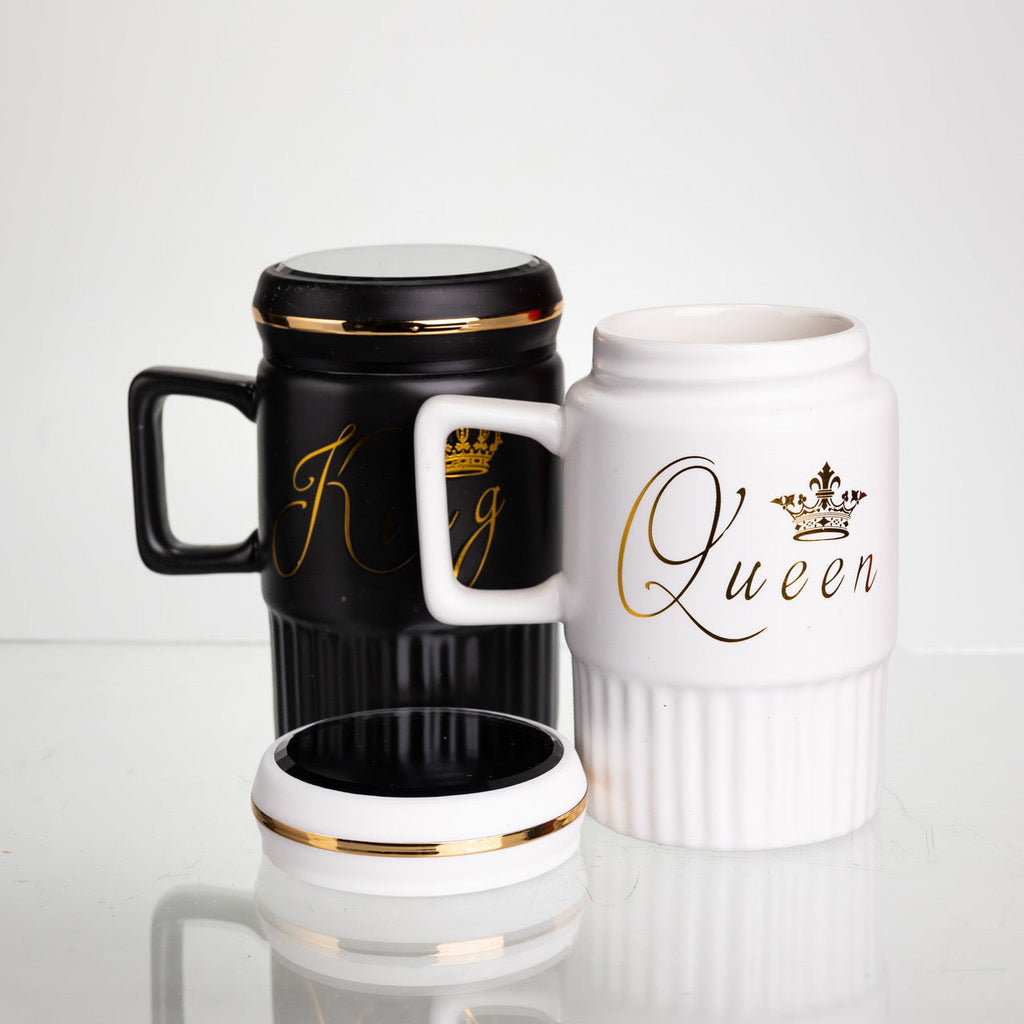 King Queen Mugs With Mirror Lid, Ceramic Coffee Mug