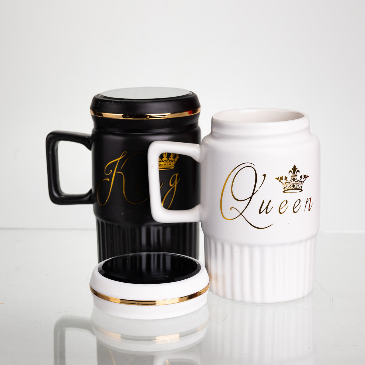 King Queen Mugs With Mirror Lid, Ceramic Coffee Mug