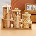 Set Of 3 Elegant Canister Set, Glass Jar Set With Wooden Stand, Airtight Dry Food Glass Jar With Bamboo Lid