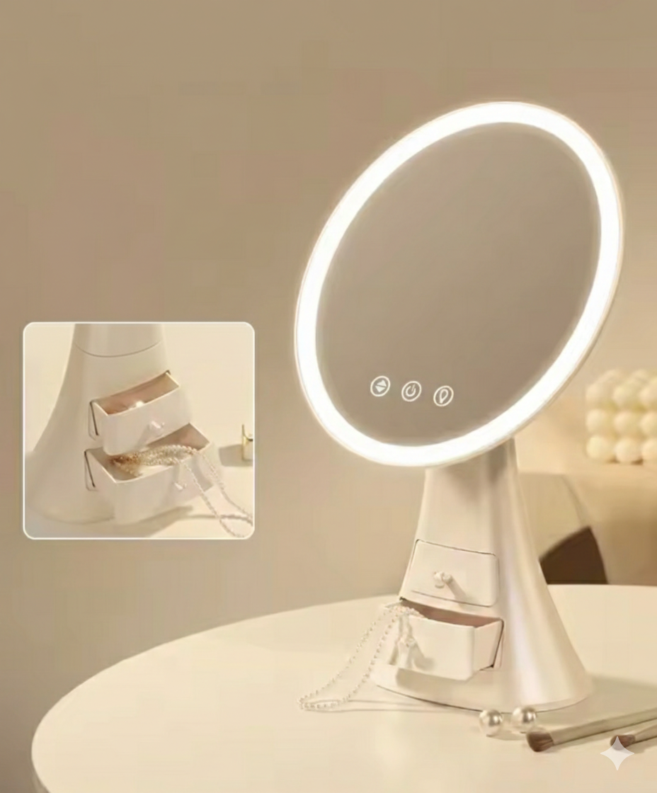 Smart Touch Makeup Mirror With Drawer, LED Light Makeup Storage Box, Jewelry And Cosmetic Display Case With LED Light Mirror, Portable Makeup Organizer