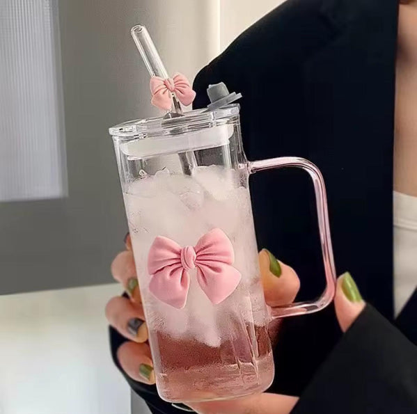 450ml Bow Glass With Lid And Straw, Elegant Square Glass Tumbler, Cute Transparent Mug With Handle