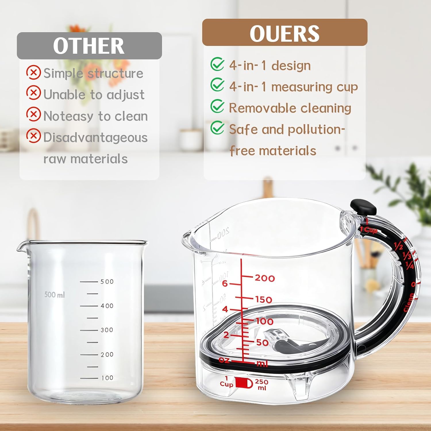 4 in 1 Adjustable Measuring Cup, Multifunctional Kitchen Measuring Cup, Space Saving Measuring Cup