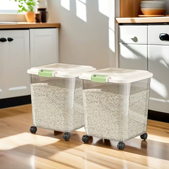 Rice Barrel with Wheels, Transparent Rice Sealed Storage Organizer, Rice Sieve Colander Basket