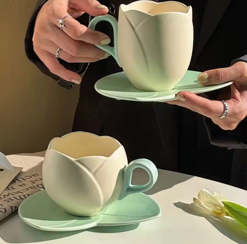 Tulip Ceramic Coffee Cup, Flower Shaped Tea Cup, Flower Coffee Cup With Saucer, Coffee Glass