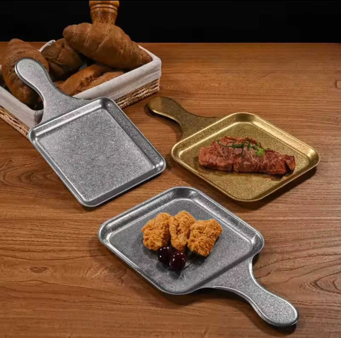 Stainless Steel Serving Plate With Handle, Vintage Steak Barbecue Tray, Restaurant Style Serving Plate