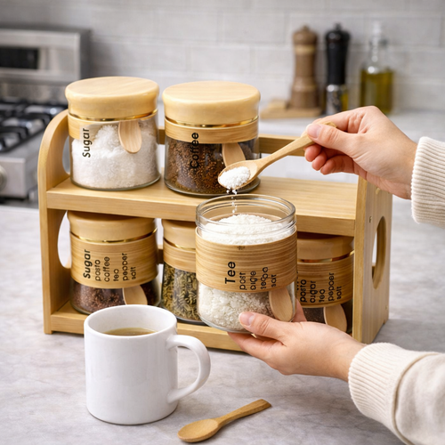 6 Pcs Glass Jar Set with Bamboo Rack, Seasoning Bottle Spice Jars, Coffee Tea Sugar Pot, Multifunctional Leak Proof Transparent Wide Caliber Canister, Multifunction, Kitchen Cereal Dispenser