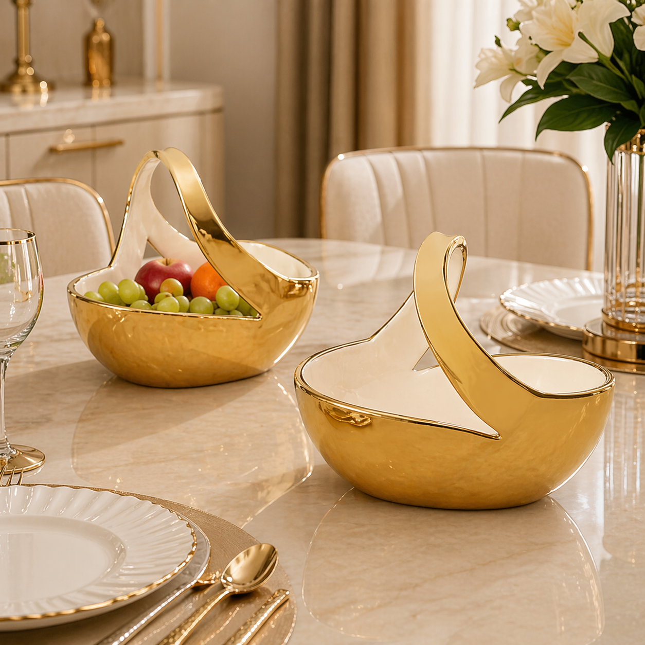 Elegant Fruit Display Basket, Luxury Gold Handle Ceramic Fruit Basket, Royal Ceramic Fruit Basket, Ceramic Fruit Serving Bowl