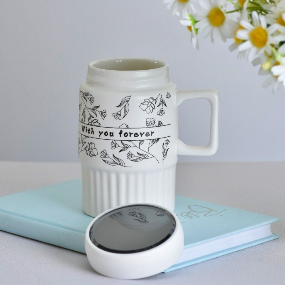 Floral Design Ceramic Coffee Mug With Lid, Creative Mug With Lid, Camping Ceramic Coffee Mugs (1 Pc)