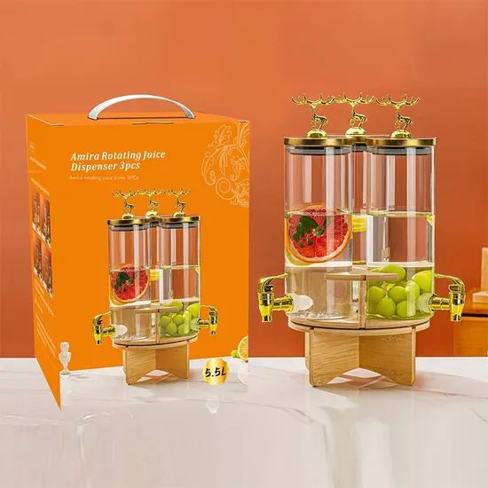 3 In 1 Rotating Glass Beverage Dispenser With Deer Lid,  High Borosilicate Beverages Dispenser With 3 Tap, Glass Beverage Dispenser Set with Stand, Tabletop Beverage And Water Dispenser, Water Storage Glass Dispenser, Beverage Storage Jar