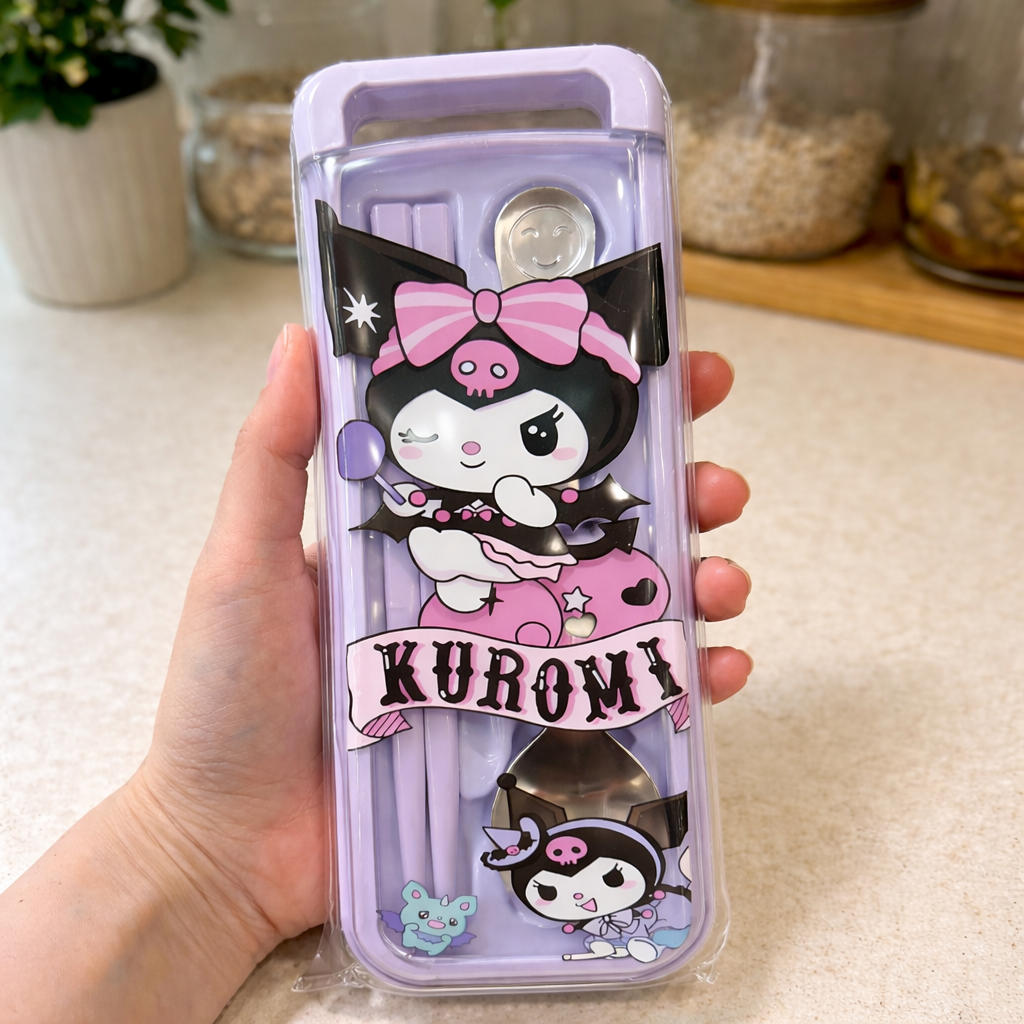 Kuromi Portable Cutlery Set, Travel Spoon & Chopsticks Case, Cute Cartoon Design Cutlery Set