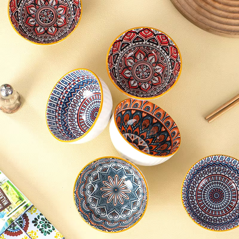 Set of 6 Ceramic Serving Bowls, Japanese Ceramic Rice Bowl, Dinnerware Bowls Gift Set, Floral Ceramic Bowl Set