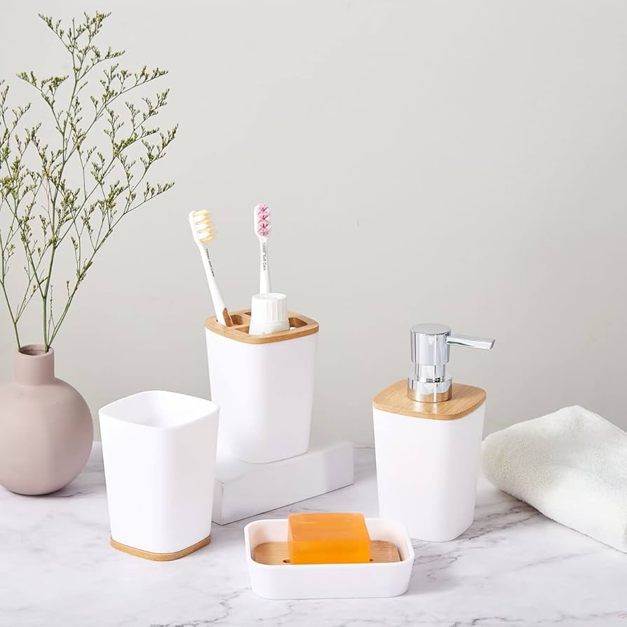 7 Pieces Bamboo Bathroom Accessories set, Luxury Modern Bathroom Accessory Bath Set, Toilet Accessories, Trash Can, Toothbrush Holder Cup, Soap Dish Holder, Soap Dispenser