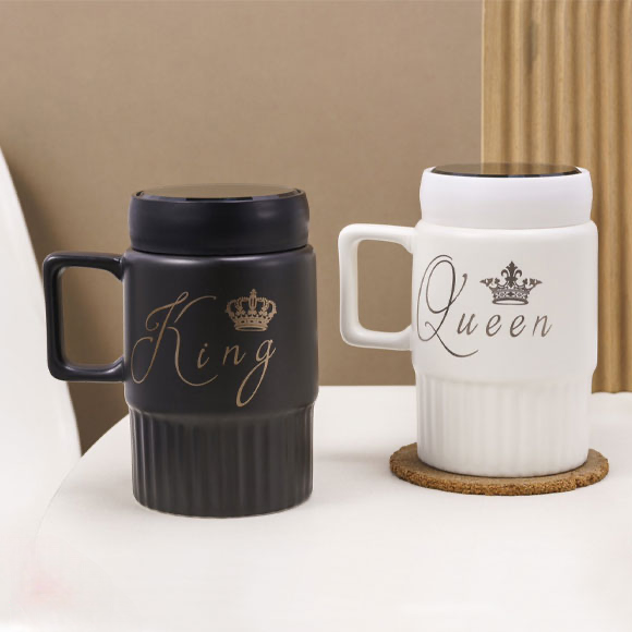 King Queen Mugs With Mirror Lid, Ceramic Coffee Mug