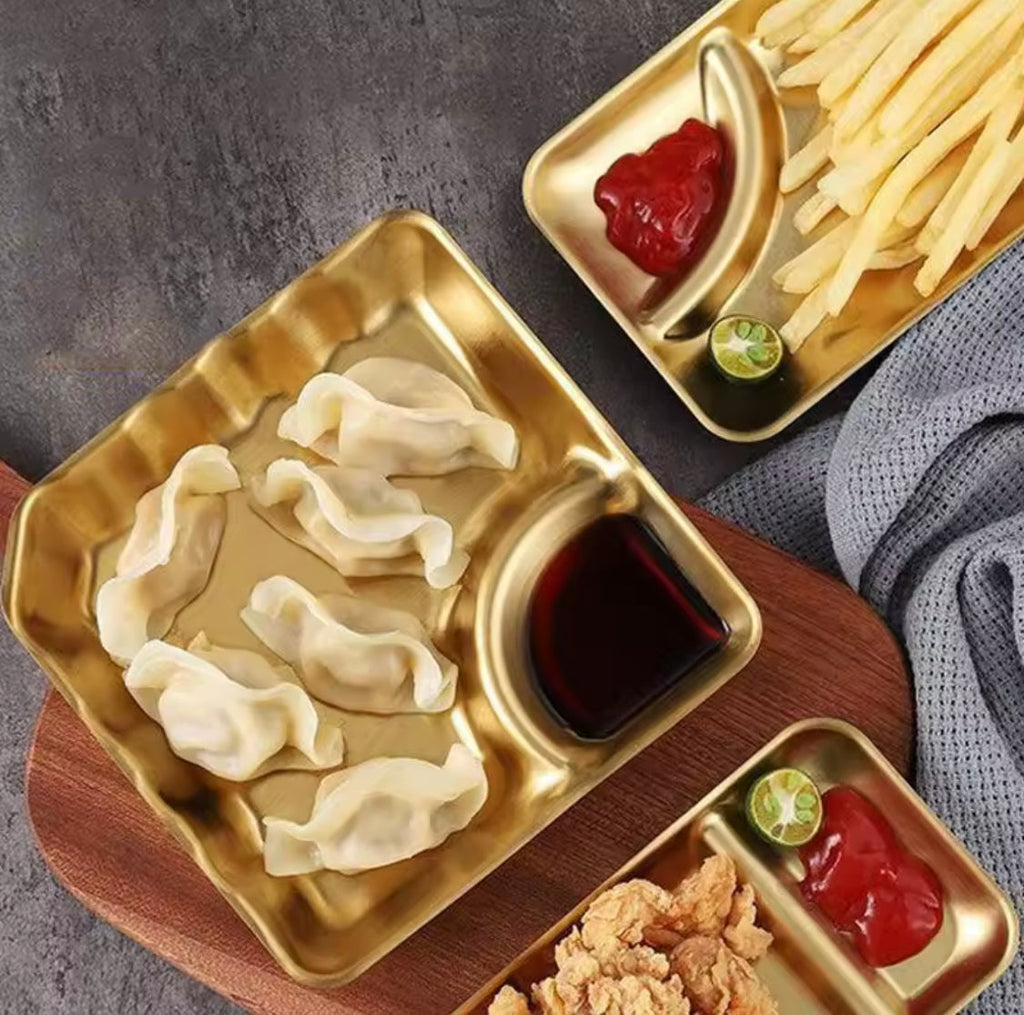 Stainless Steel Dumpling Plate With Dipping Saucer, Two Compartment Serving Platters, , Kitchen Gadgets