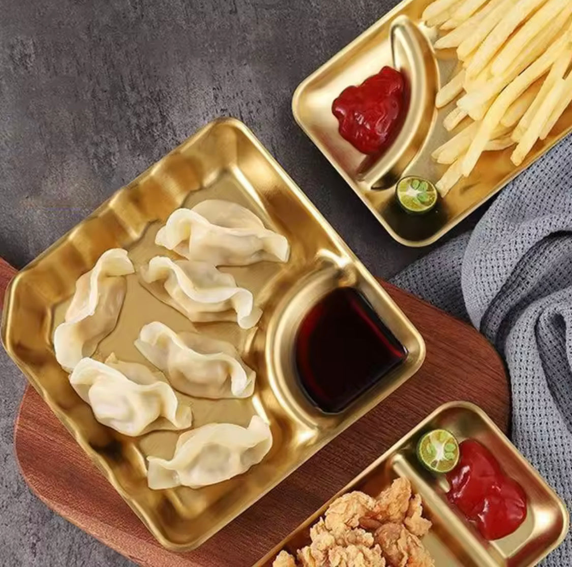 Stainless Steel Dumpling Plate With Dipping Saucer, Two Compartment Serving Platters, , Kitchen Gadgets