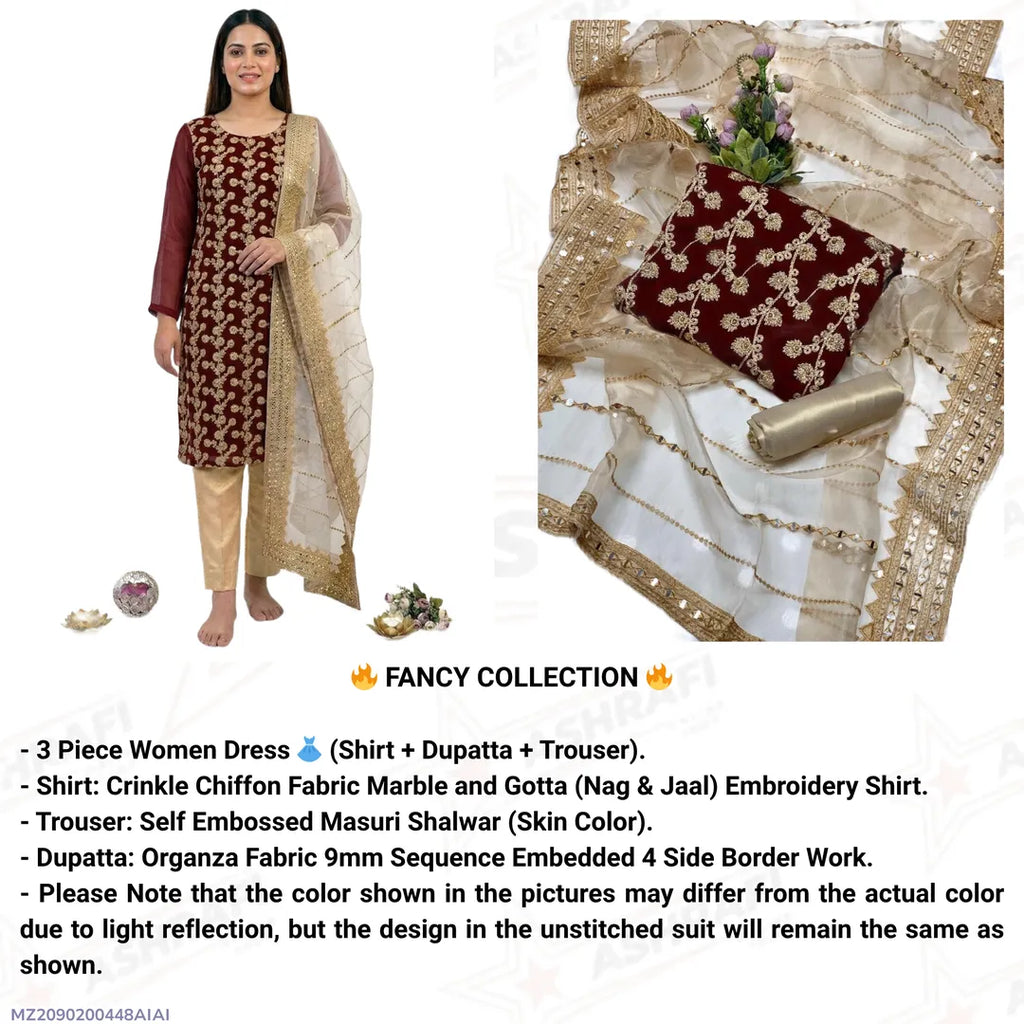 Fancy 3-Piece Embroidered Suit Golden Chiffon with Organza Dupatta
