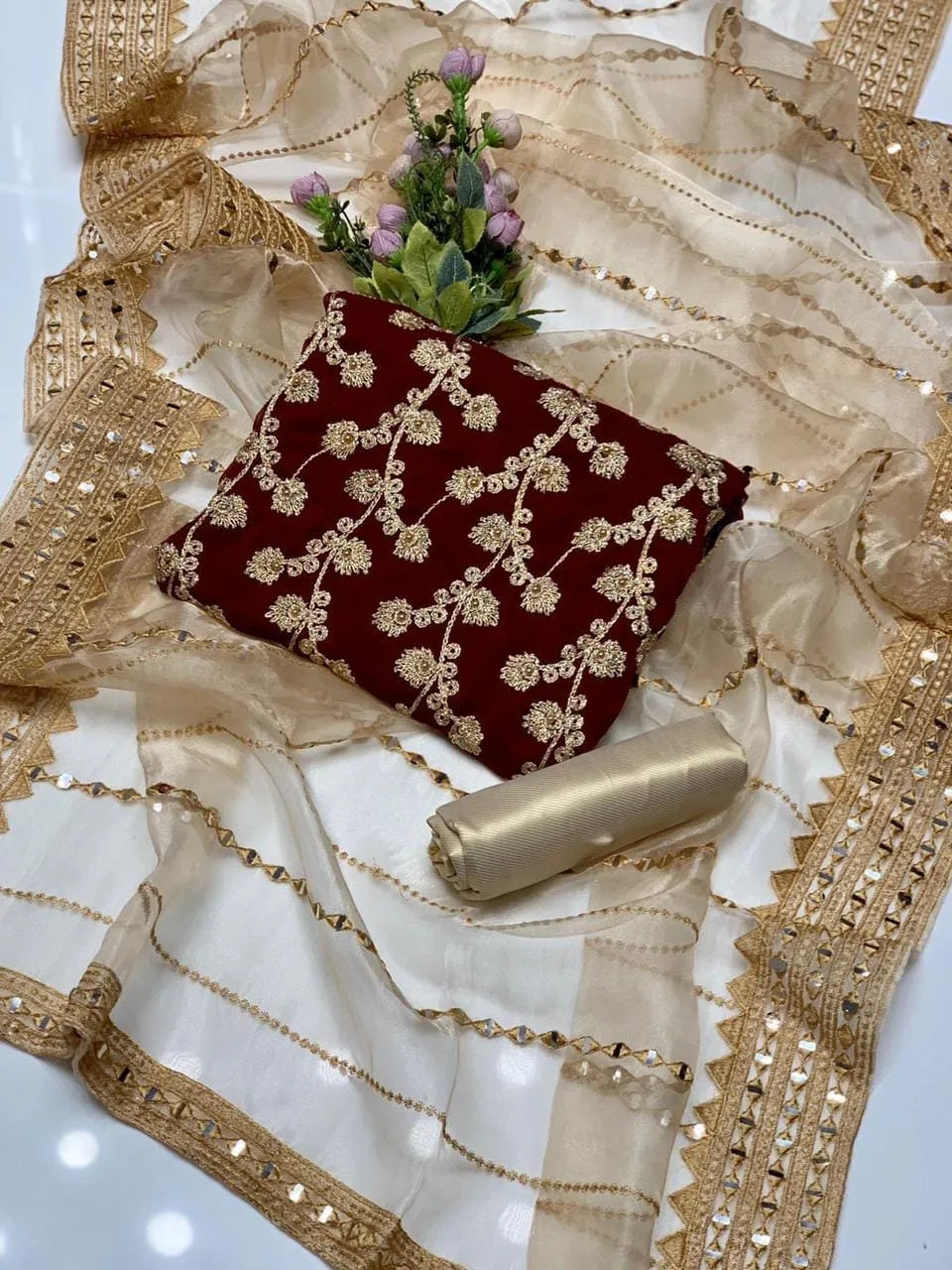 Fancy 3-Piece Embroidered Suit Golden Chiffon with Organza Dupatta