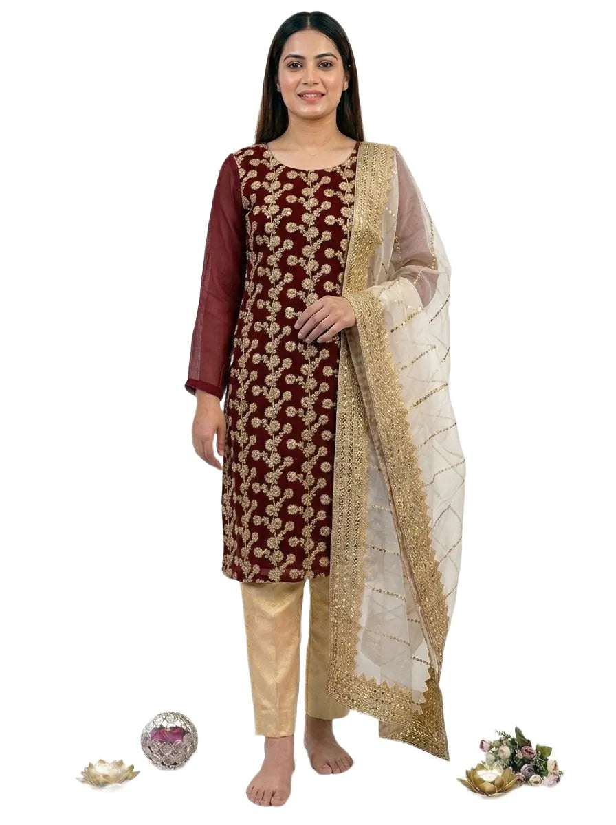 Fancy 3-Piece Embroidered Suit Golden Chiffon with Organza Dupatta