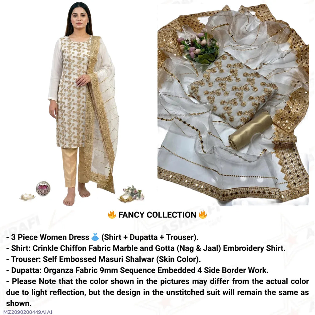 Fancy 3-Piece Embroidered Suit Golden Chiffon with Organza Dupatta
