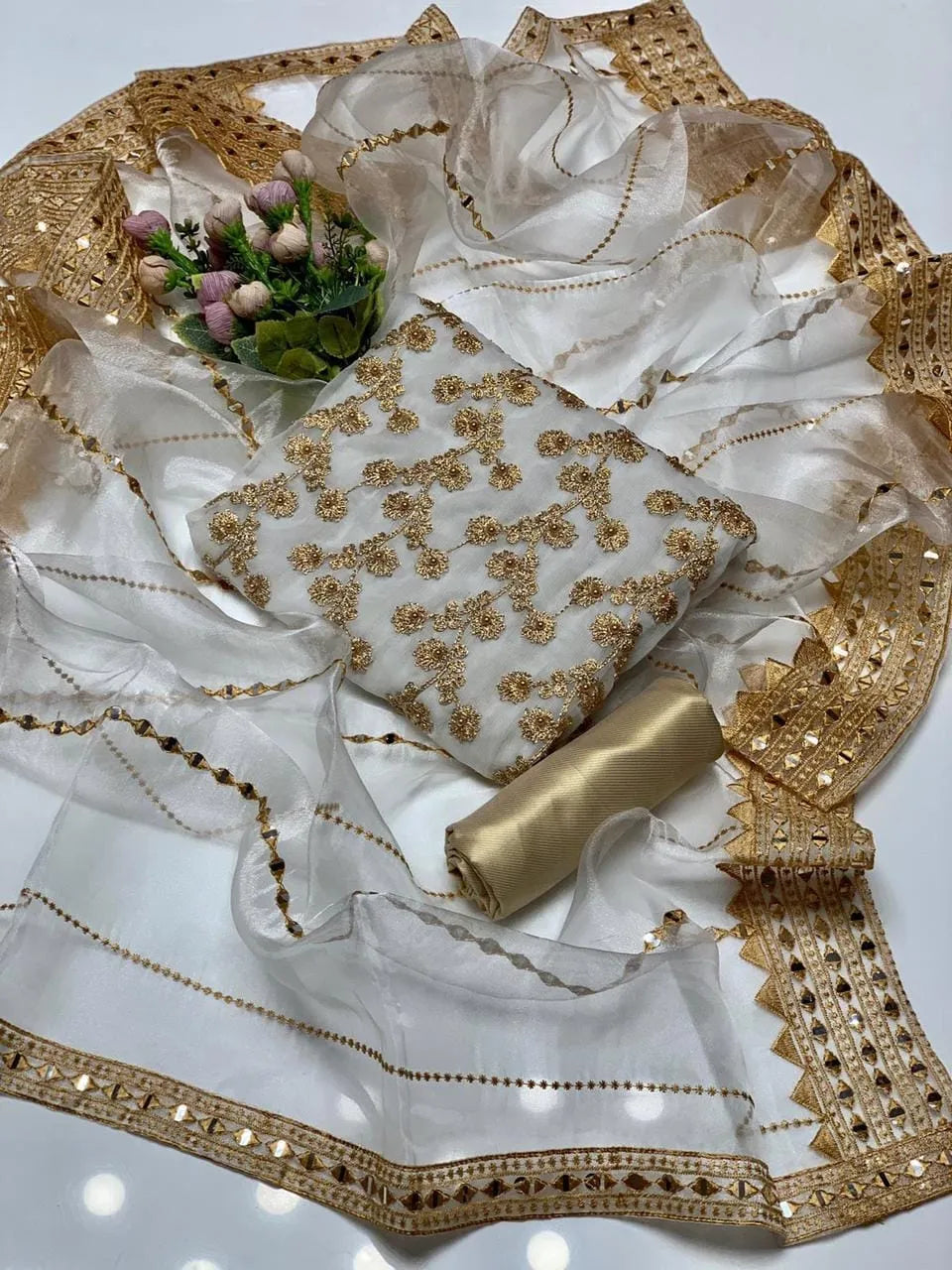 Fancy 3-Piece Embroidered Suit Golden Chiffon with Organza Dupatta
