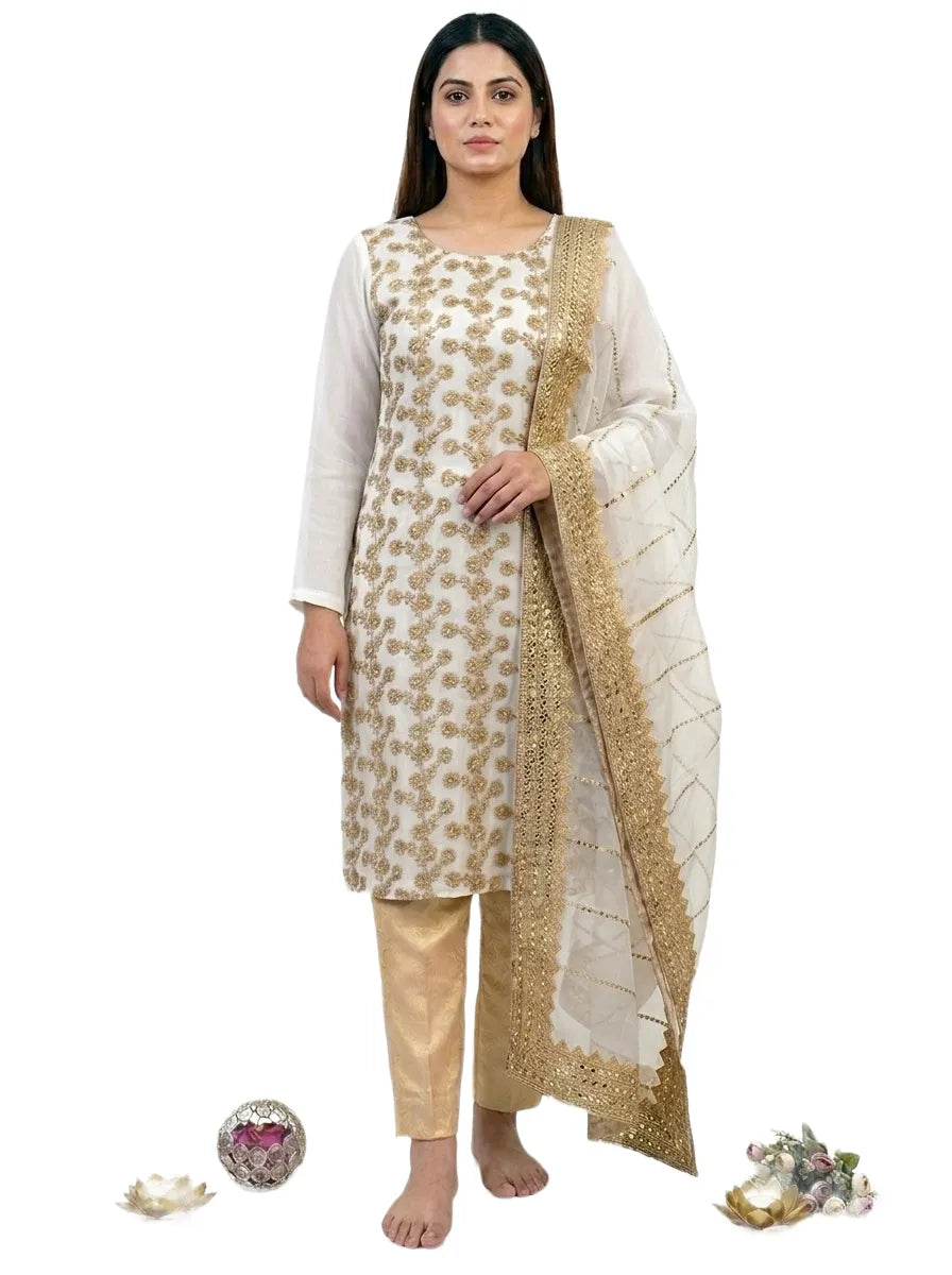 Fancy 3-Piece Embroidered Suit Golden Chiffon with Organza Dupatta