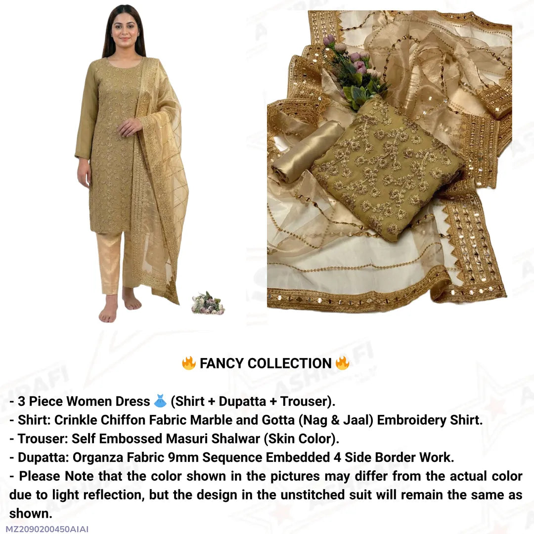 Fancy 3-Piece Embroidered Suit Golden Chiffon with Organza Dupatta